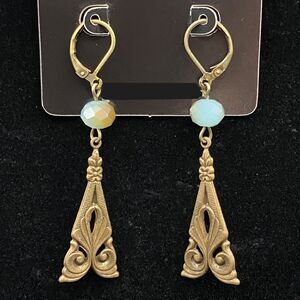 Brass Tone Art Deco Inspired & Aqua Bronze Crystal Earrings by Neanie-Bot